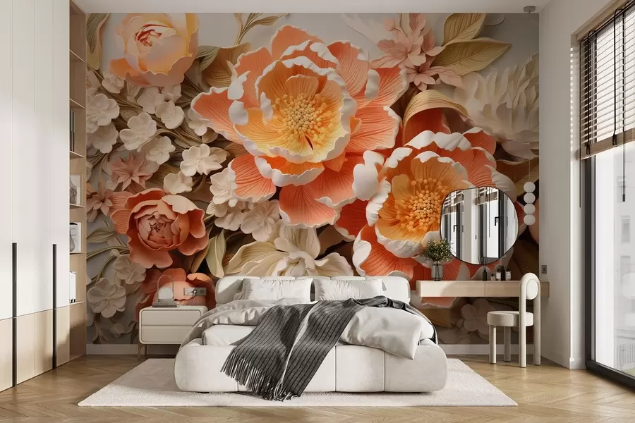 murais de parede Um arranjo floral 3D em tons de pêssego com peônias e rosas estilo rococó w01939