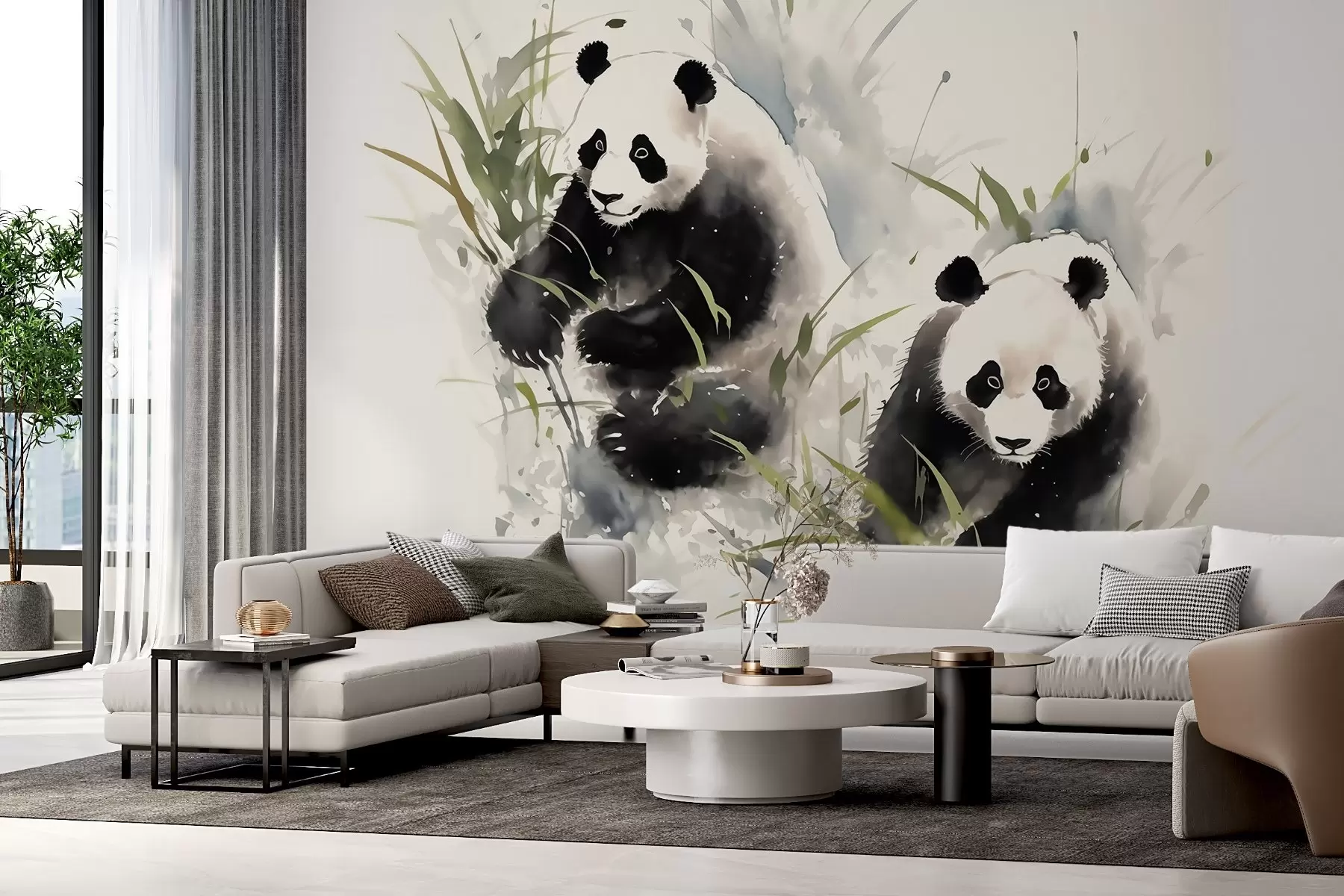 murais de parede Pandas desfocados em estilo aquarela úmida w01948
