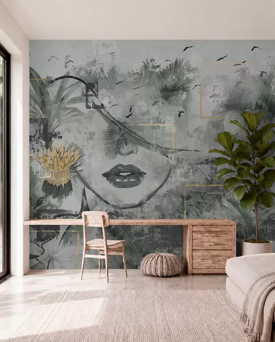 murais de parede Floresta tropical grunge e silhueta de rosto de menina w01916