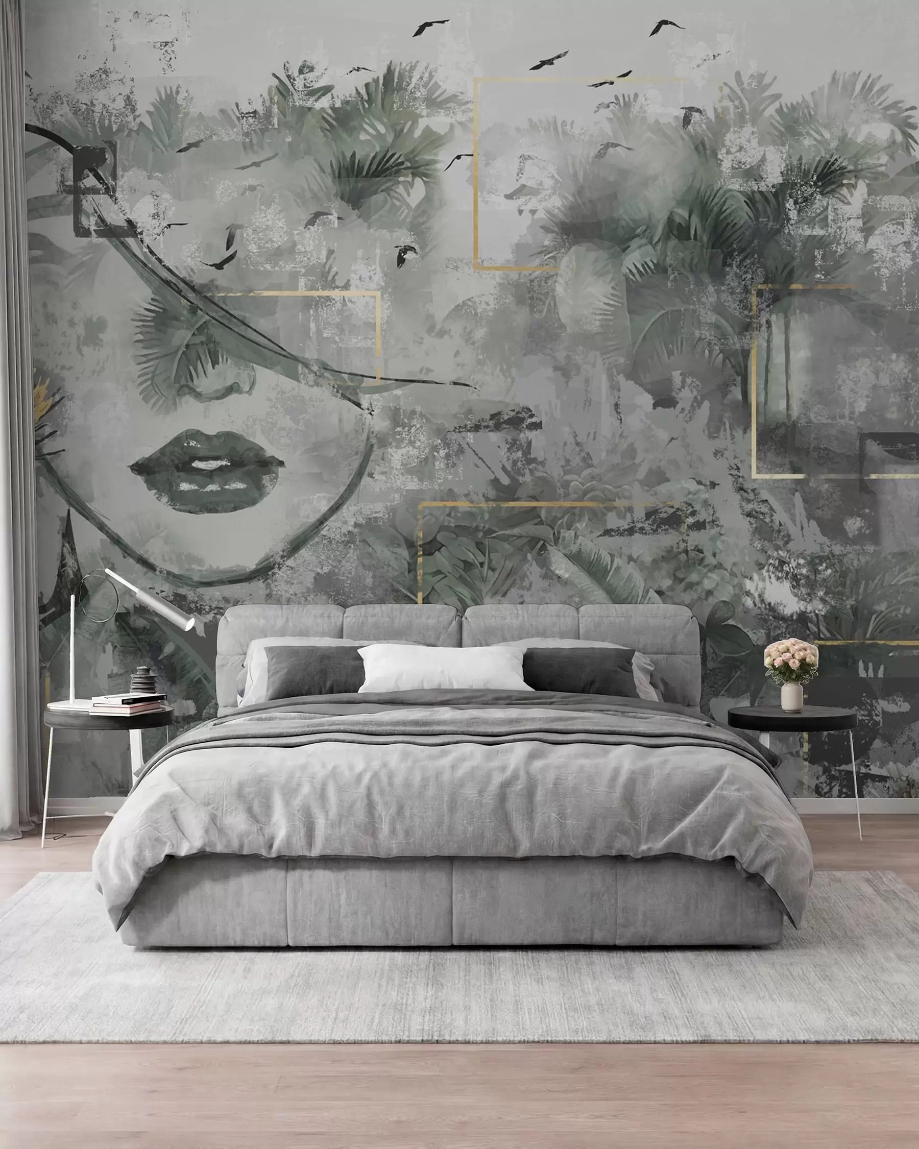 murais de parede Floresta tropical grunge e silhueta do rosto de uma garota w01916d1