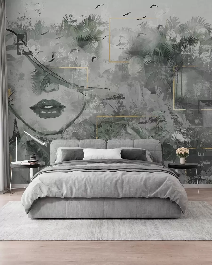 murais de parede Floresta tropical grunge e silhueta do rosto de uma garota w01916d1