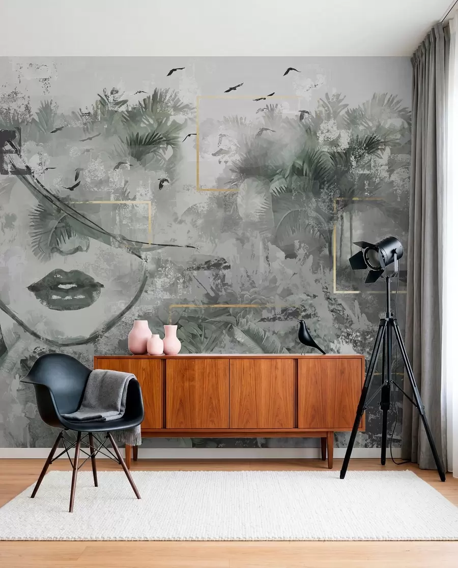 murais de parede Floresta tropical grunge e silhueta do rosto de uma garota w01916d1