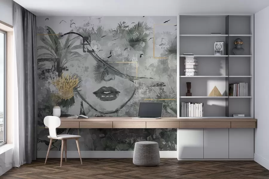 murais de parede Floresta tropical grunge e silhueta do rosto de uma garota w01916d1