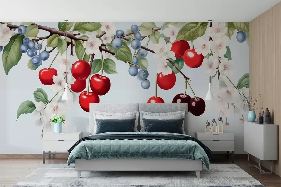 murais de parede Berry garden: galhos com cerejas, mirtilos e flores w01975
