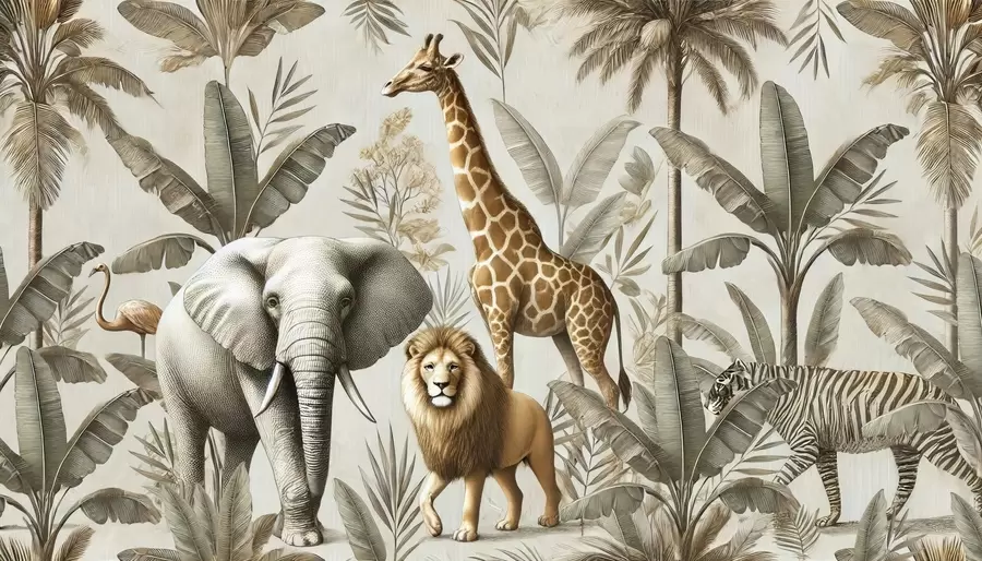murais de parede Papel de parede infantil Safari com paisagem tropical e vários animais em cores elegantes w01956