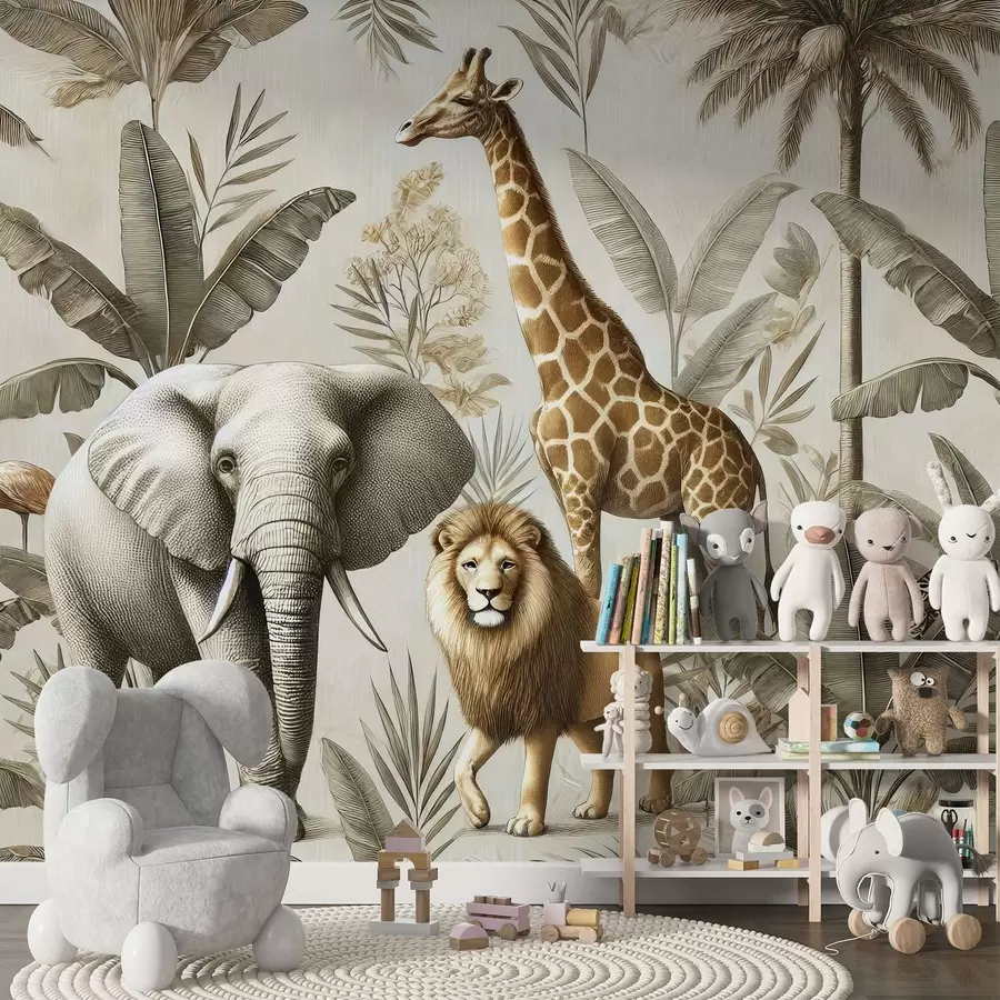 murais de parede Papel de parede infantil Safari com paisagem tropical e vários animais em cores elegantes w01956