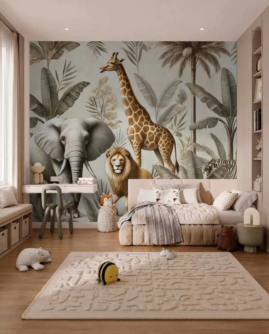 murais de parede Papel de parede infantil Safari com paisagem tropical e vários animais em cores elegantes w01956
