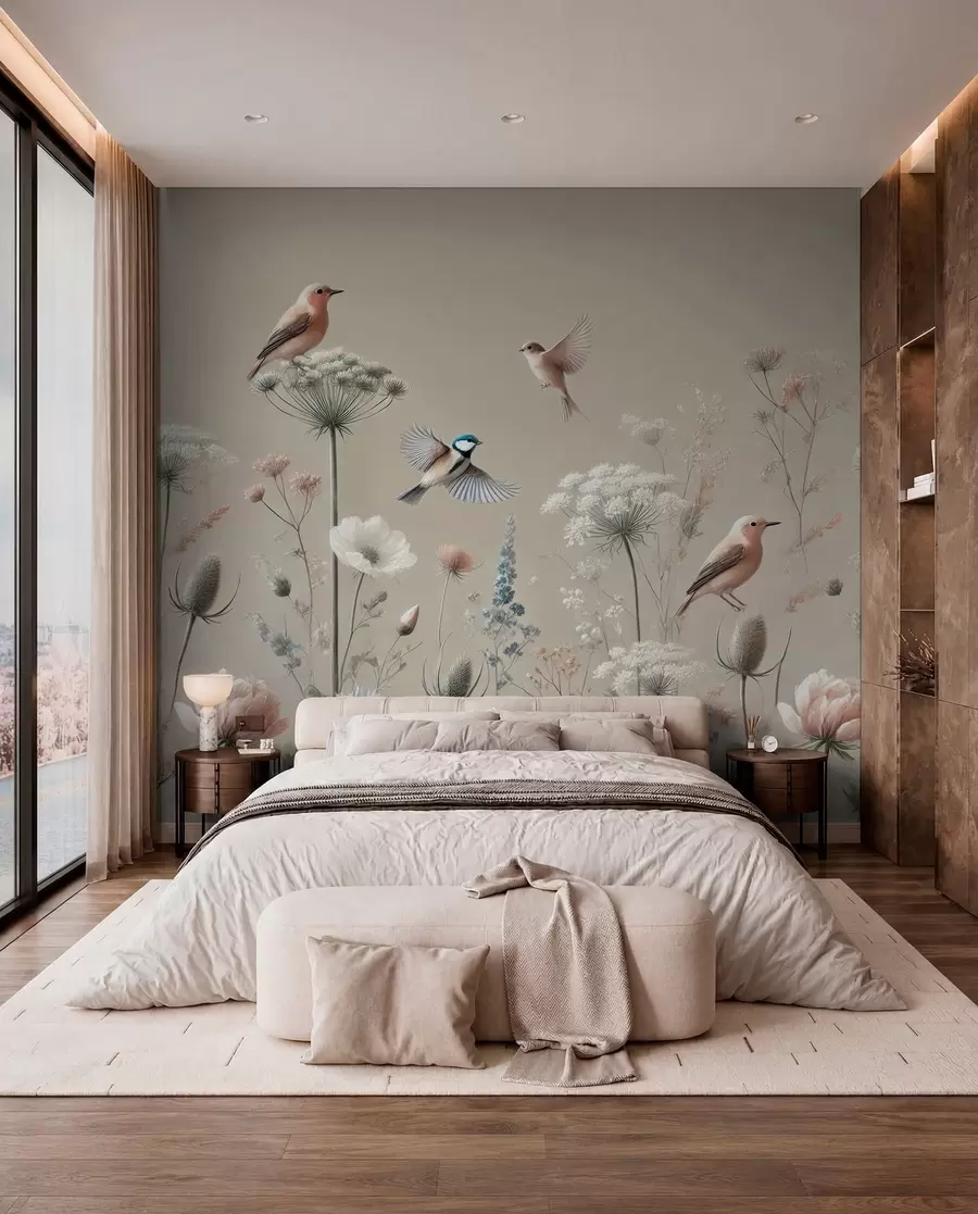 murais de parede Flores silvestres delicadas com pássaros em um fundo bege w01958