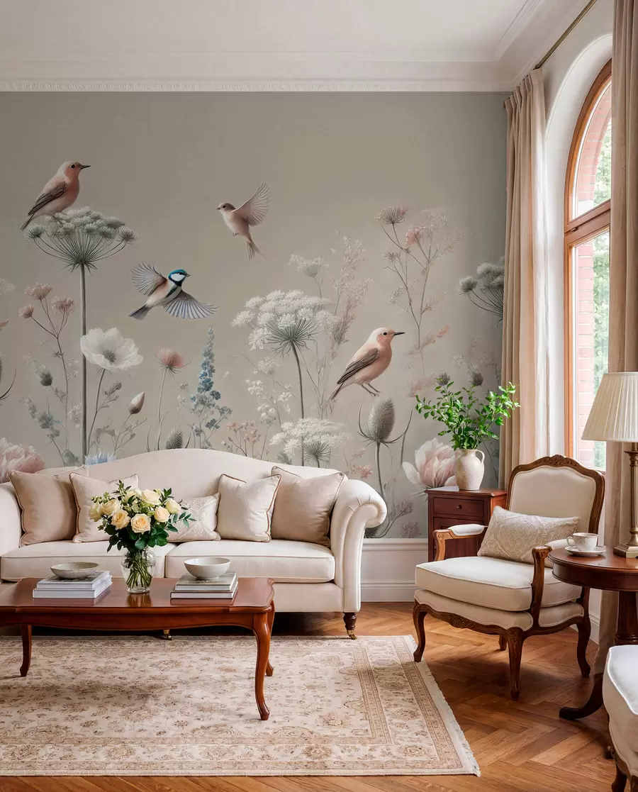 murais de parede Flores silvestres delicadas com pássaros em um fundo bege w01958