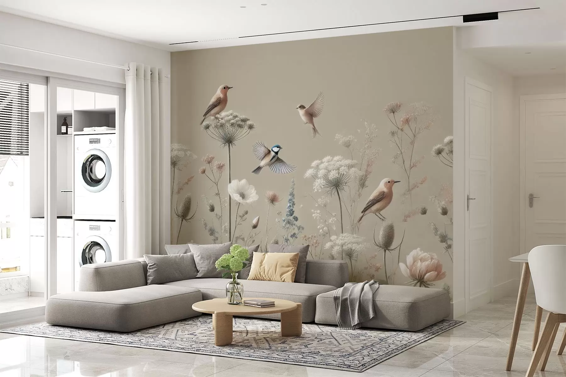 murais de parede Flores silvestres delicadas com pássaros em um fundo bege w01958