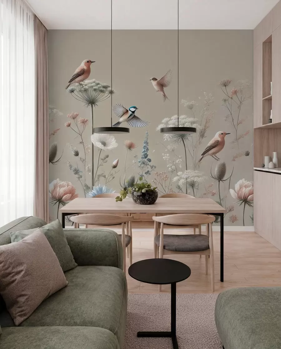 murais de parede Flores silvestres delicadas com pássaros em um fundo bege w01958