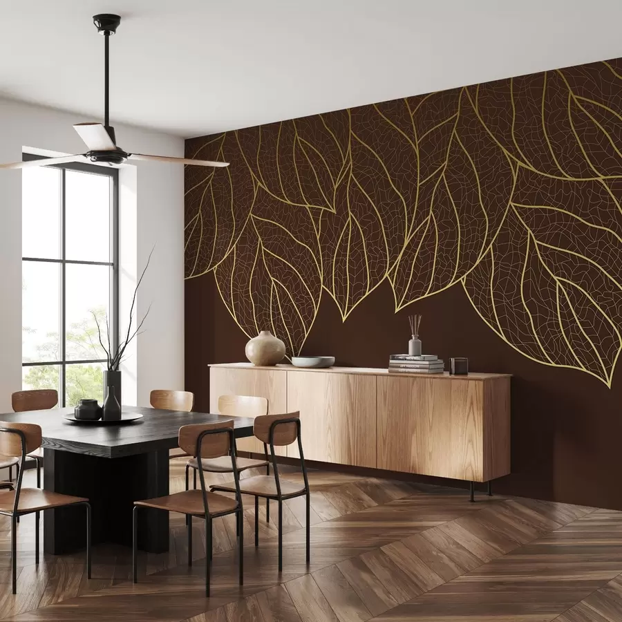 murais de parede Papel de parede minimalista com silhuetas de grandes folhas amarelas com veias em um fundo chocolate  w01960v2