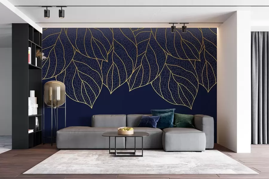 murais de parede Papel de parede minimalista com silhuetas de grandes folhas amarelas com veias em um fundo azul  w01960v3