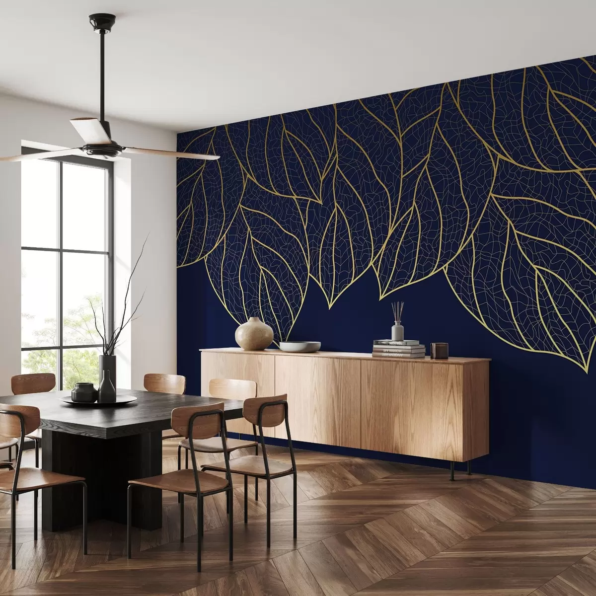 murais de parede Papel de parede minimalista com silhuetas de grandes folhas amarelas com veias em um fundo azul  w01960v3