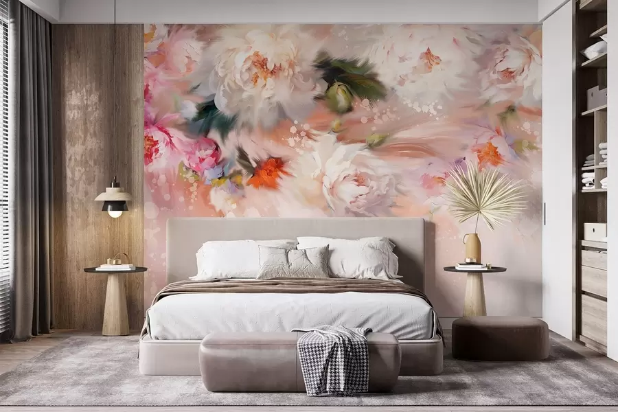 murais de parede Peônias em acrílico, pinceladas, floral, cores pastéis suaves w02021