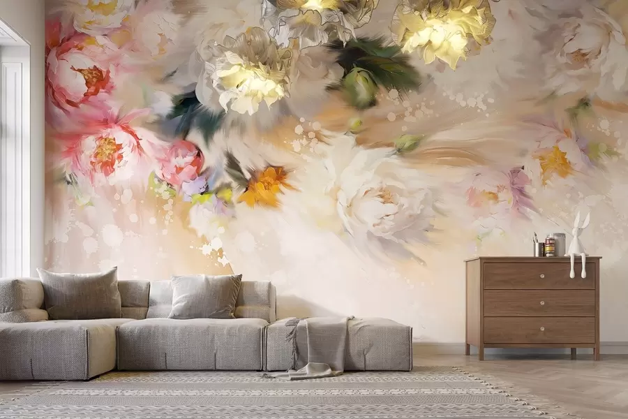 murais de parede Peônias em acrílico, pinceladas, floral, cores bege pastel suaves w02021v2