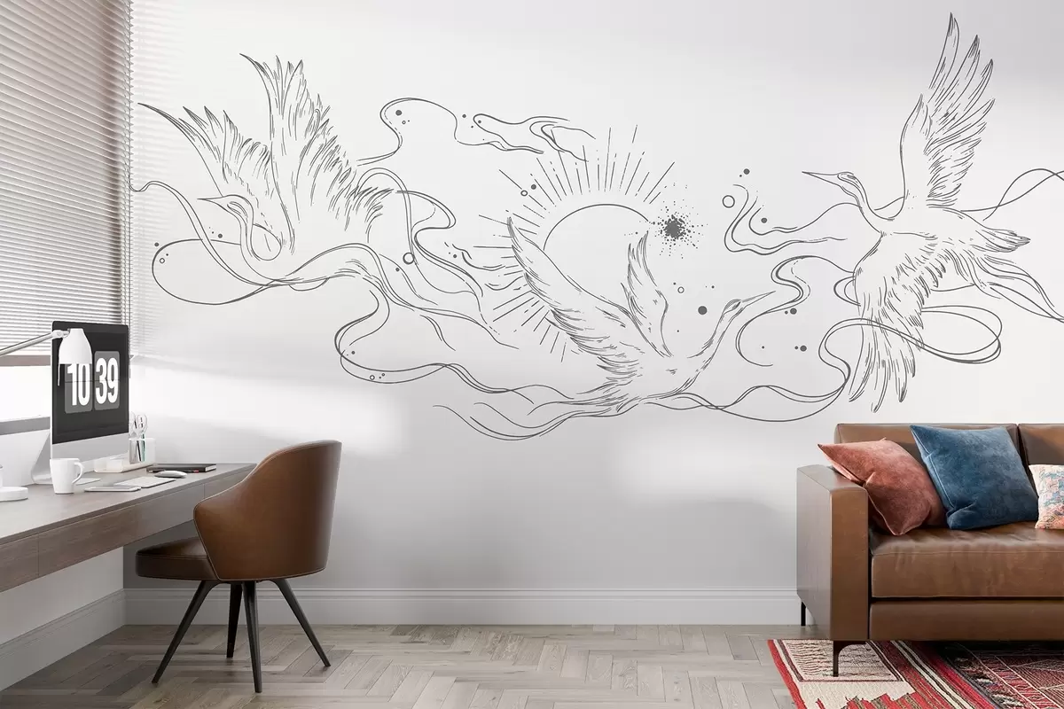 murais de parede Pássaros voadores, desenho de linhas, minimalismo, paleta de cores cinza w02022v2