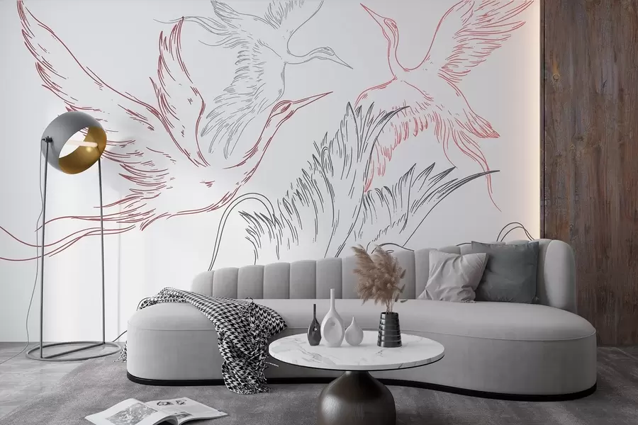 murais de parede Pássaros voando, minimalismo, arte de linha, natureza, cores cinza e vermelho w02061v1