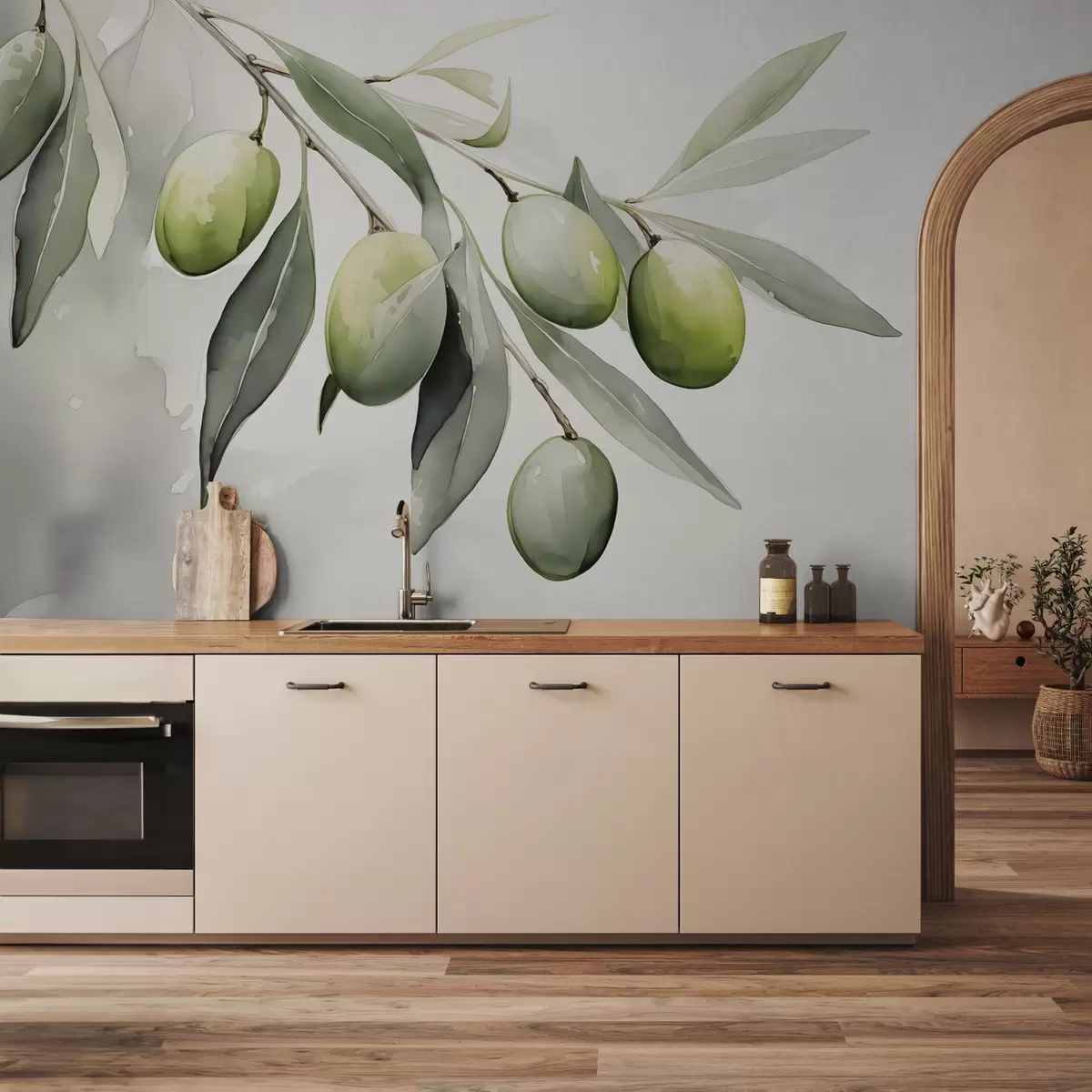 murais de parede Ramo com azeitonas verdes em aquarela úmida w02042