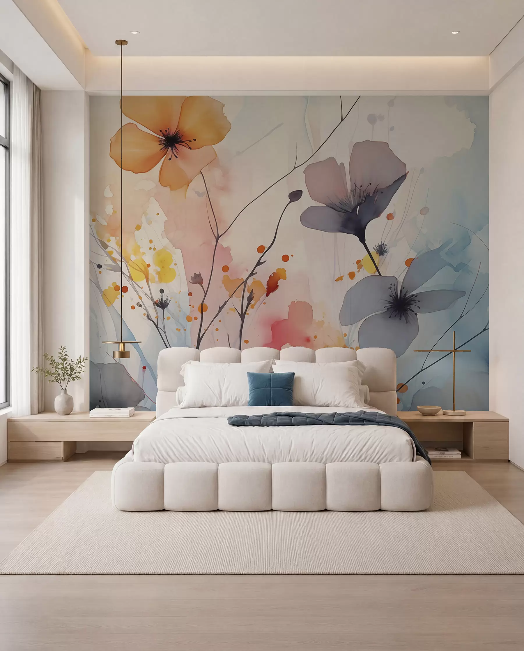 murais de parede Flores e galhos brilhantes abstratos com respingos de tinta em aquarela úmida w02049