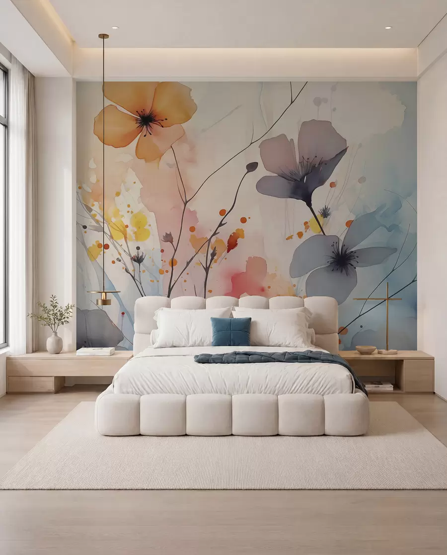 murais de parede Flores e galhos brilhantes abstratos com respingos de tinta em aquarela úmida w02049