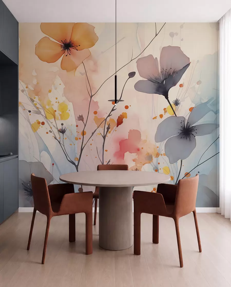 murais de parede Flores e galhos brilhantes abstratos com respingos de tinta em aquarela úmida w02049