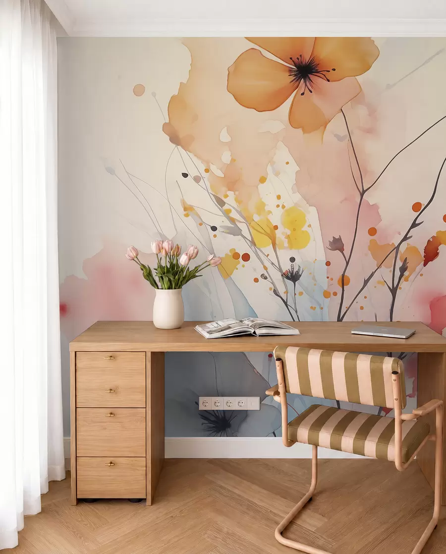 murais de parede Flores e galhos brilhantes abstratos com respingos de tinta em aquarela úmida w02049