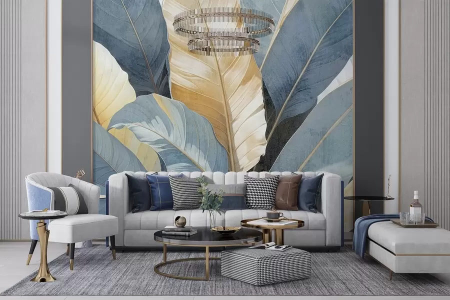 murais de parede Uma visão de perto de grandes folhas tropicais decorativas, exuberantes e texturizadas, em tons de azul, verde e amarelo w08373
