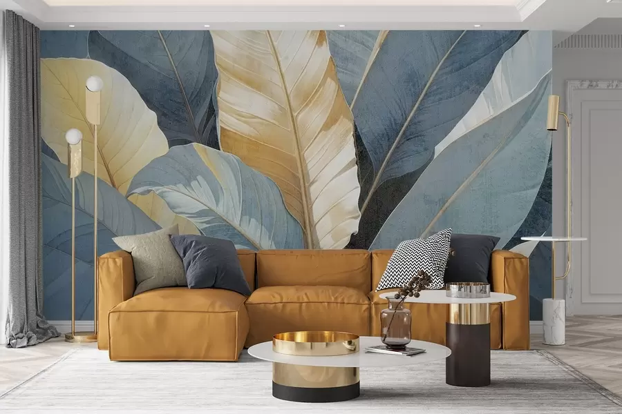 murais de parede Uma visão de perto de grandes folhas tropicais decorativas, exuberantes e texturizadas, em tons de azul, verde e amarelo w08373