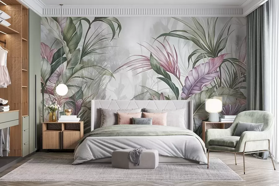 murais de parede Selva tropical com grandes folhas verdes e flores de protea rosa com fundo texturizado desfocado w08375