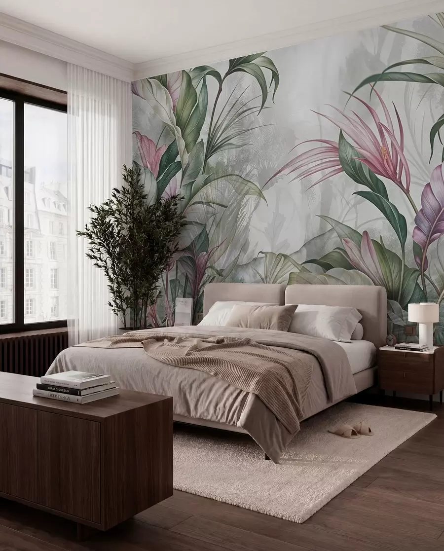 murais de parede Folhagem rosa e verde w08375
