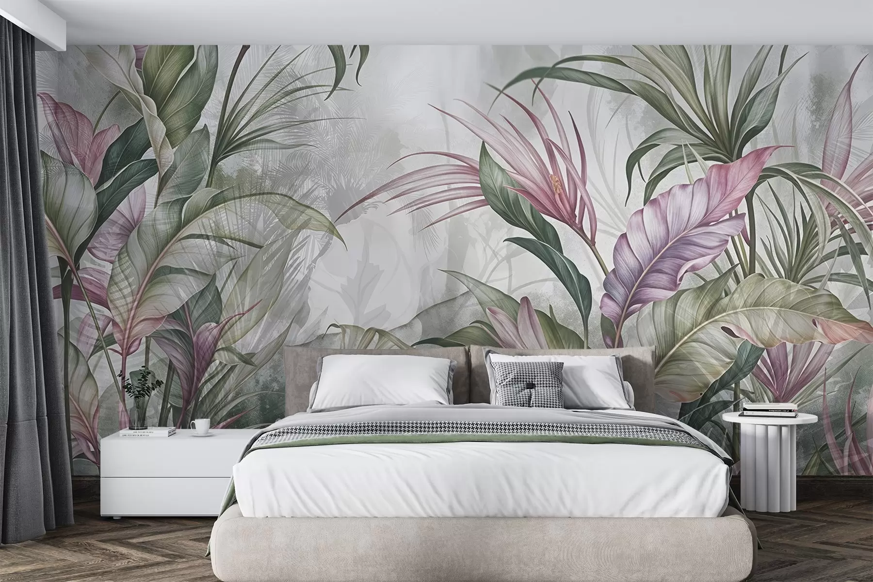murais de parede Selva tropical com grandes folhas verdes e flores de protea rosa com fundo texturizado desfocado w08375