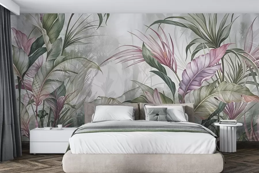 murais de parede Selva tropical com grandes folhas verdes e flores de protea rosa com fundo texturizado desfocado w08375