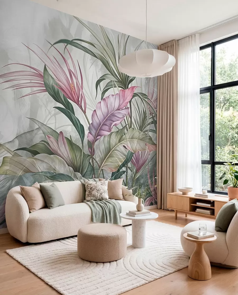 murais de parede Selva tropical com grandes folhas verdes e flores de protea rosa com fundo texturizado desfocado w08375
