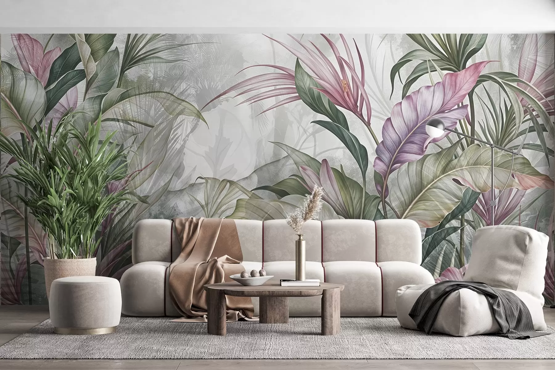 murais de parede Selva tropical com grandes folhas verdes e flores de protea rosa com fundo texturizado desfocado w08375