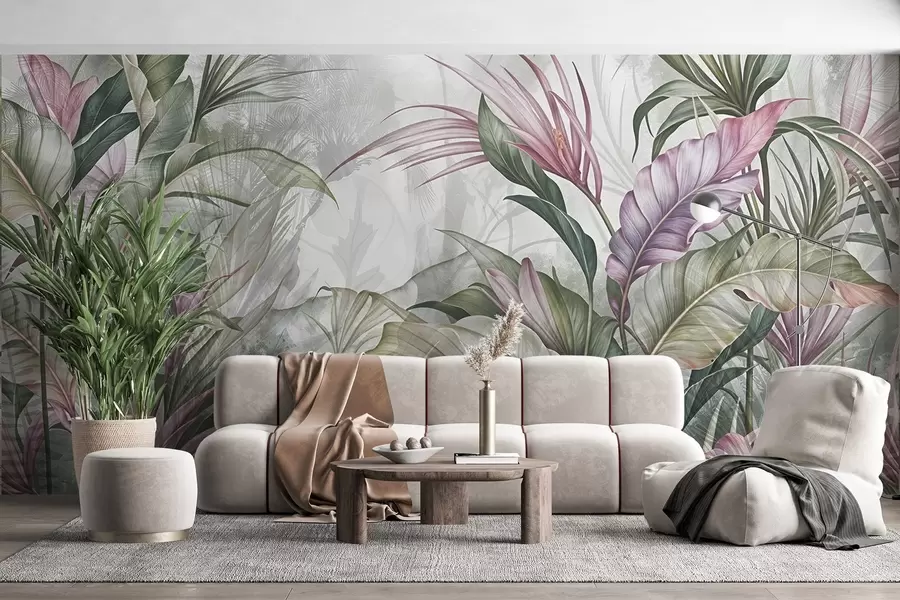 murais de parede Selva tropical com grandes folhas verdes e flores de protea rosa com fundo texturizado desfocado w08375