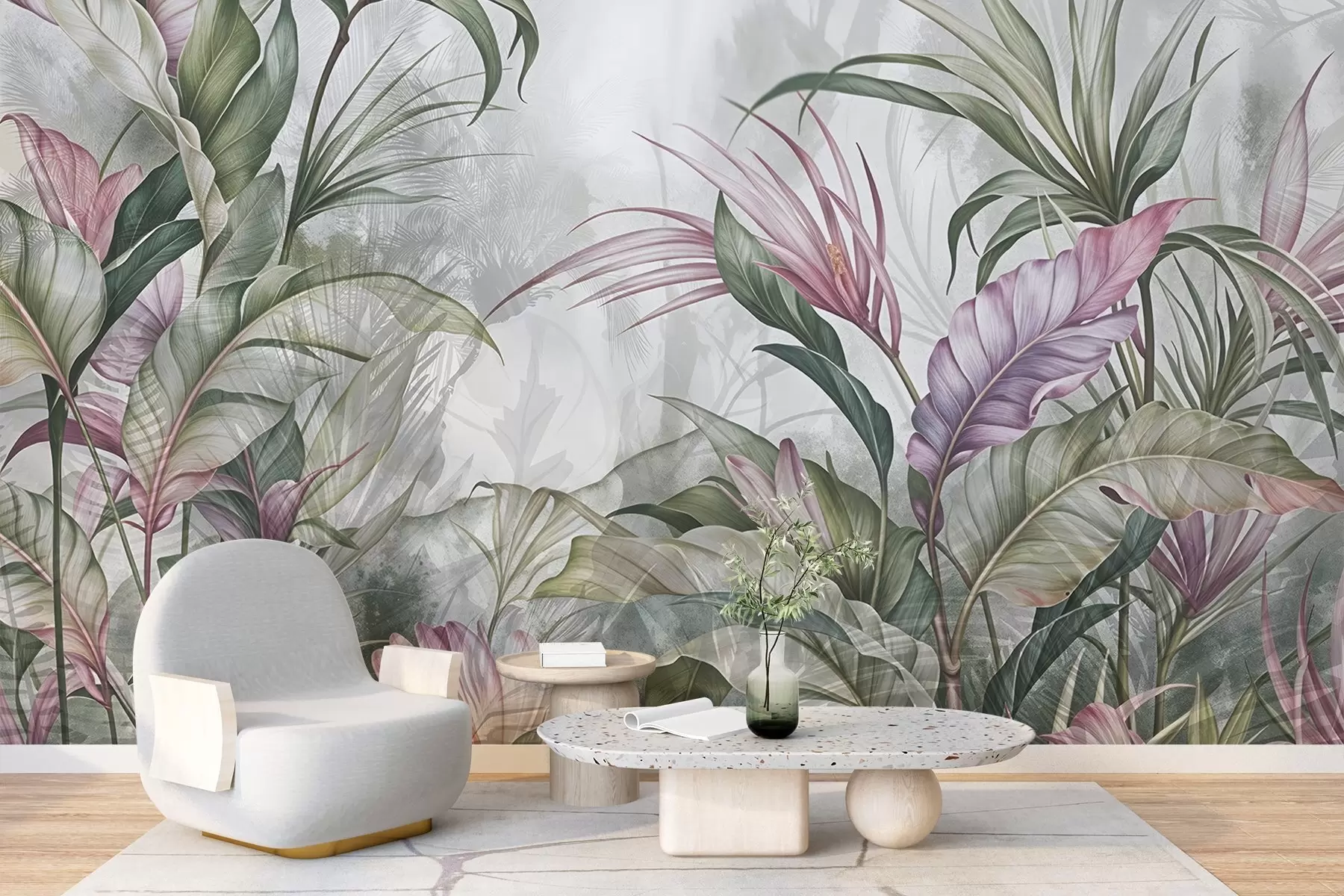 murais de parede Selva tropical com grandes folhas verdes e flores de protea rosa com fundo texturizado desfocado w08375