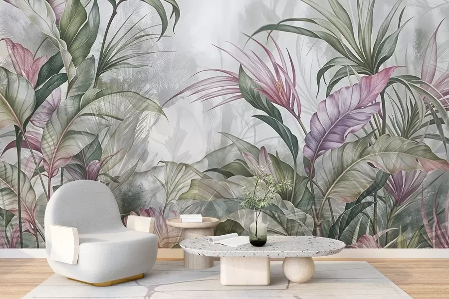 murais de parede Selva tropical com grandes folhas verdes e flores de protea rosa com fundo texturizado desfocado w08375
