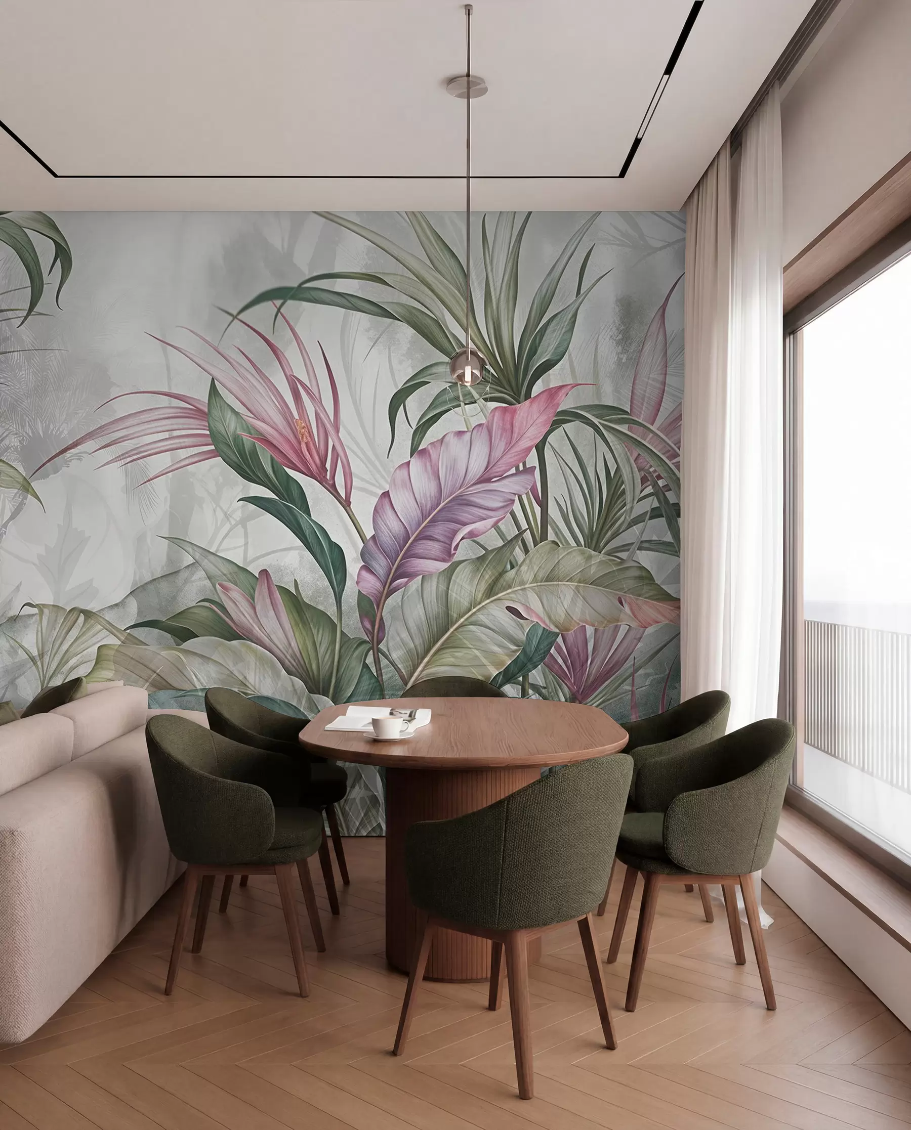 murais de parede Selva tropical com grandes folhas verdes e flores de protea rosa com fundo texturizado desfocado w08375