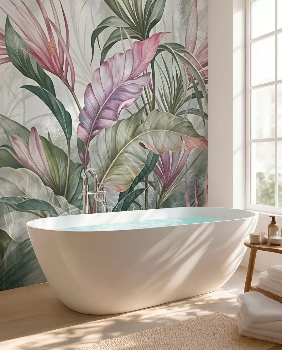 murais de parede Selva tropical com grandes folhas verdes e flores de protea rosa com fundo texturizado desfocado w08375
