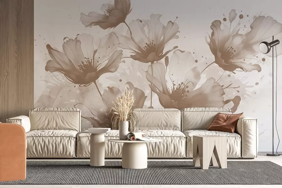 murais de parede Delicadas flores marrons com pétalas suaves e borradas e salpicos de aquarela em um fundo claro w08376v1