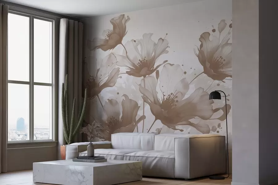 murais de parede Delicadas flores marrons com pétalas suaves e borradas e salpicos de aquarela em um fundo claro w08376v1