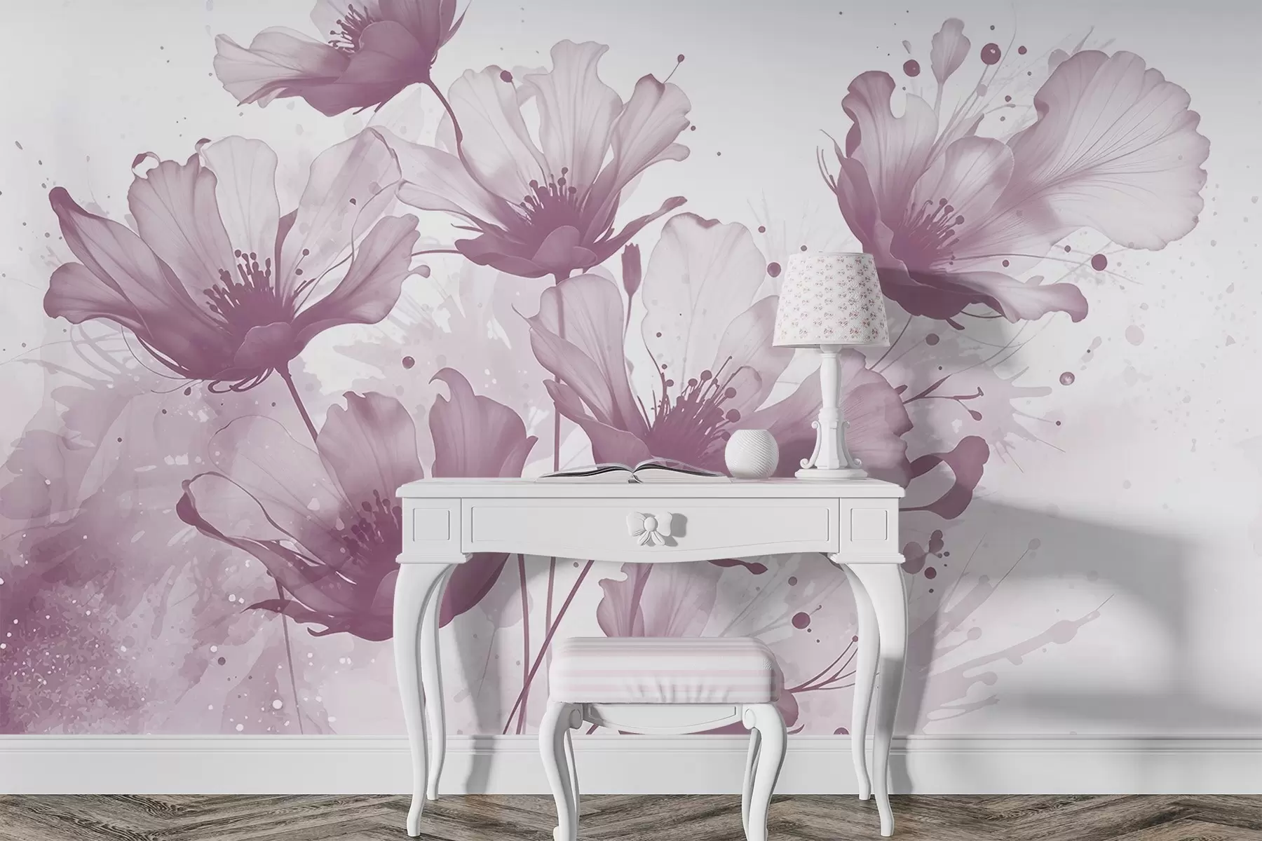 murais de parede Delicadas flores cor-de-rosa com pétalas suaves e borradas e salpicos de aquarela em um fundo claro w08376v2