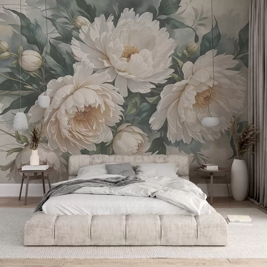 murais de parede Flores grandes e texturizadas de peônia branca com folhas verdes, um arranjo floral exuberante e romântico w08377
