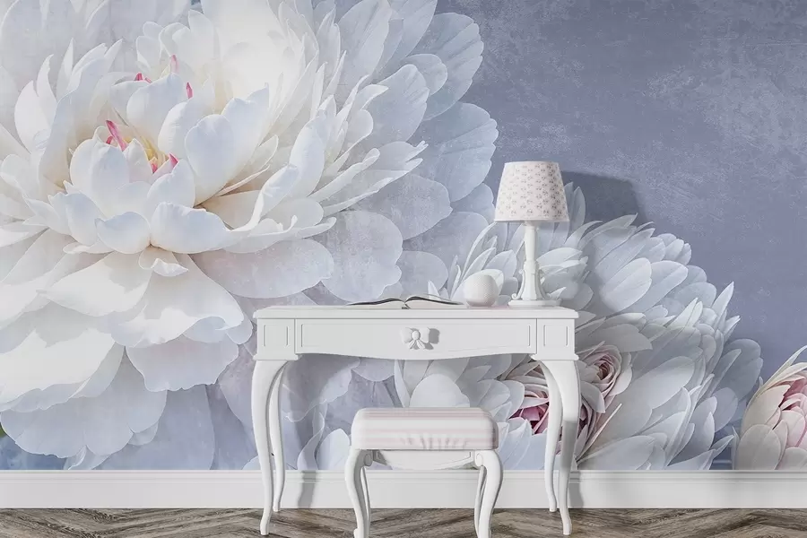 murais de parede Flores de peônia brancas detalhadas com pétalas suaves e delicadas contra um fundo texturizado em azul pastel claro w08379