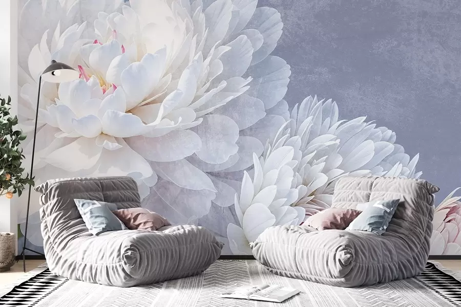 murais de parede Flores de peônia brancas detalhadas com pétalas suaves e delicadas contra um fundo texturizado em azul pastel claro w08379