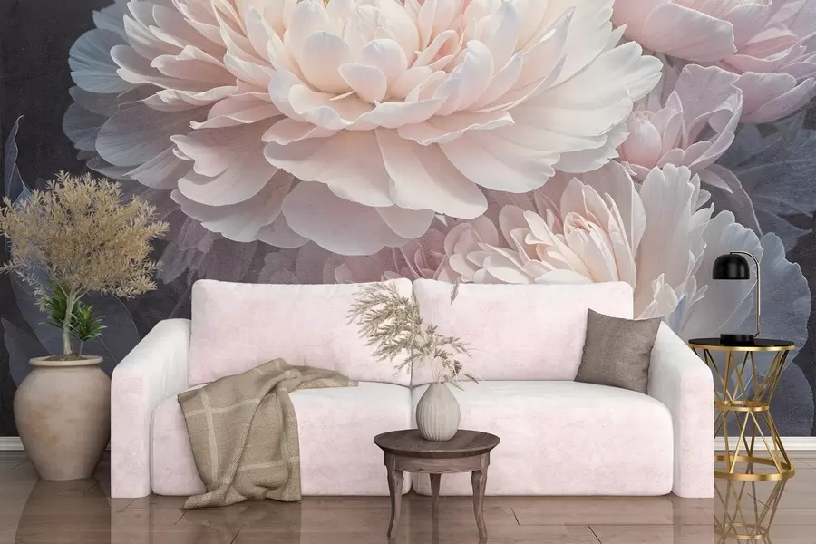 murais de parede Um close-up de duas grandes e delicadas peônias cor-de-rosa com pétalas e folhas macias e fofas contra um fundo desfocado w08382