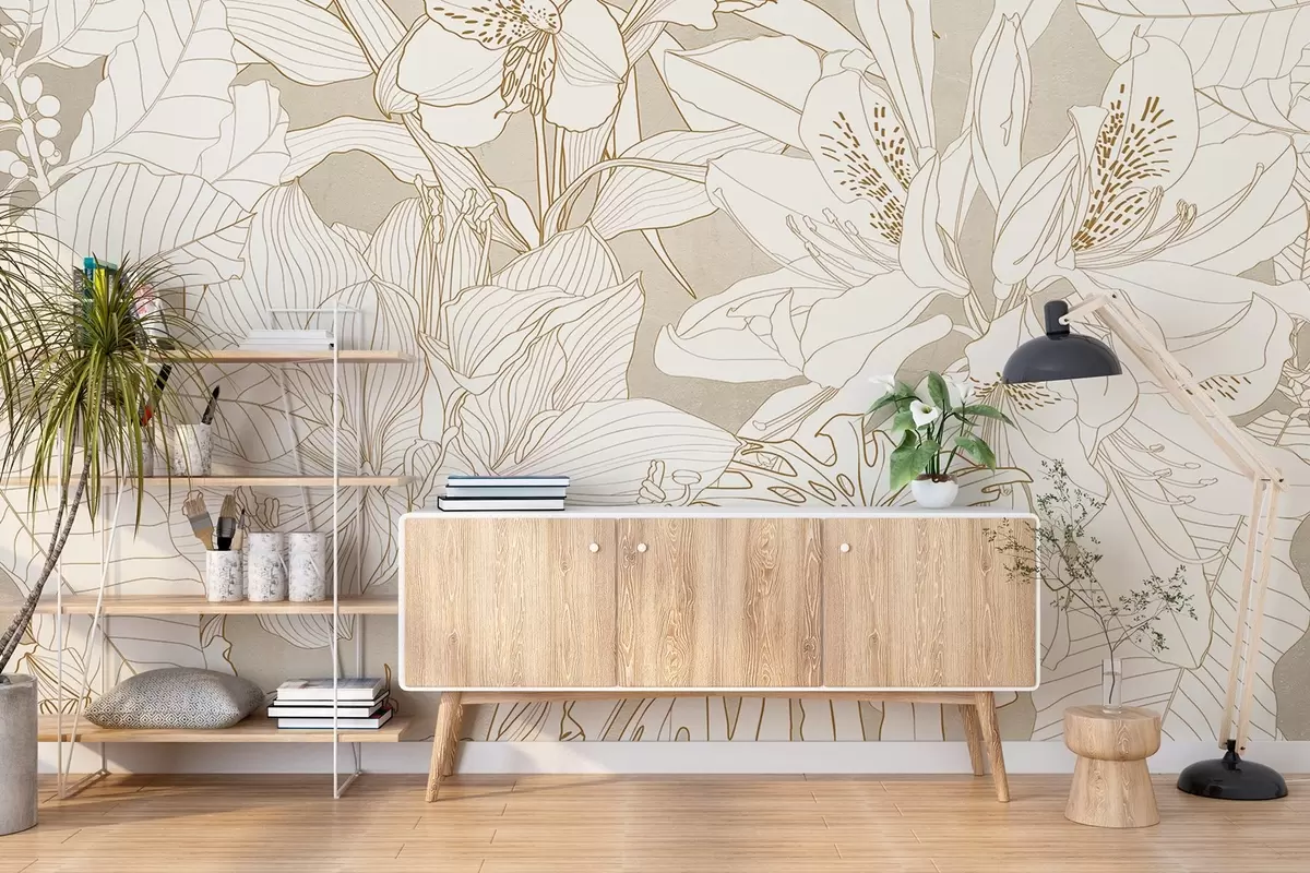 murais de parede Estampa floral detalhada em amarelo pastel com vários tipos de flores e folhas, um design botânico exuberante e intrincado w08385v1