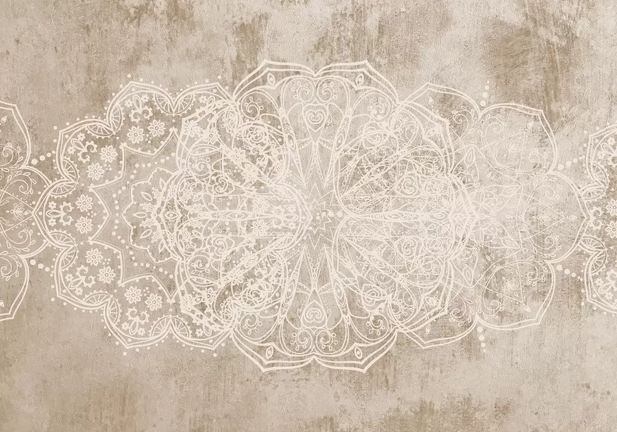 murais de parede Um padrão detalhado e intrincado de mandala de renda branca em um fundo de parede bege-marrom texturizado w08387v1