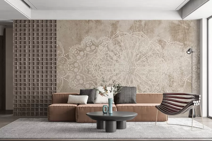 murais de parede Um padrão detalhado e intrincado de mandala de renda branca em um fundo de parede bege-marrom texturizado w08387v1